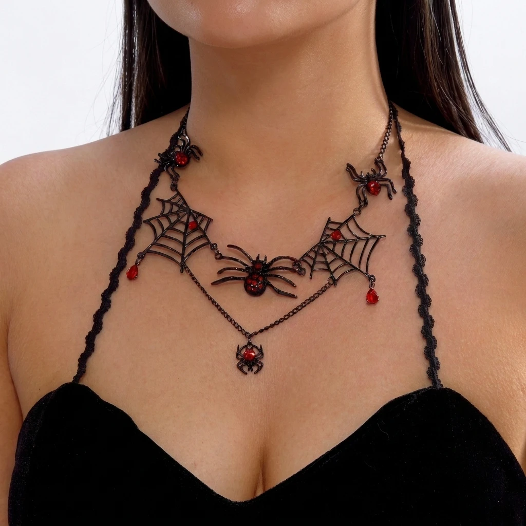 Gotisches Übertriebenes Schwarzes Spinnen-Quasten-Halsband und Ohrringe Set für Damen Vintage Spinnennetz-Halskette Halloween-Schmuck Geschenk – Detail 2