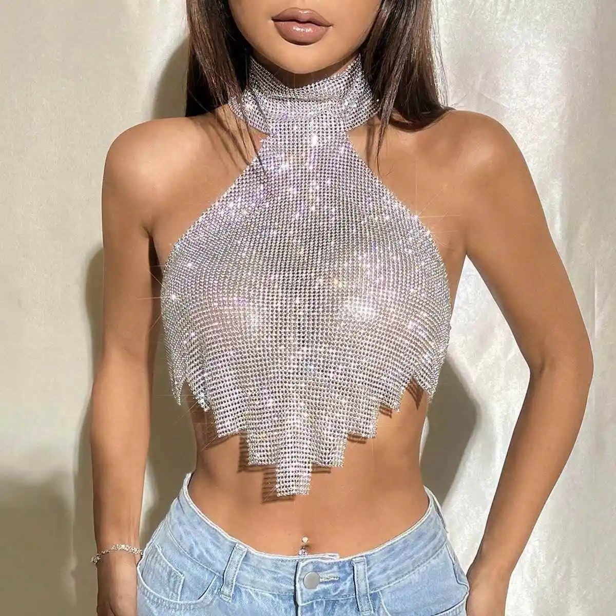 

Sexy Metal Sequin Crop Top Irregular ter Ne Women's Vest Sparkling Drill Strap Trendy ort Length Color Inner Wear