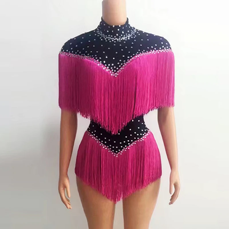 Mehrfarbiger Strass-Fransen-Overall, Sänger, Tänzer, Bühnenkostüm, Drag Queen, Stretch-Body, Nachtclub, Bar, Rave-Outfit yj004