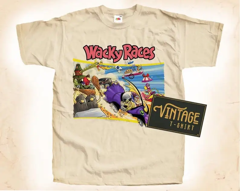 

Wacky Races T shirt Tee Natural Vintage Cotton Movie Poster Beige All Sizes