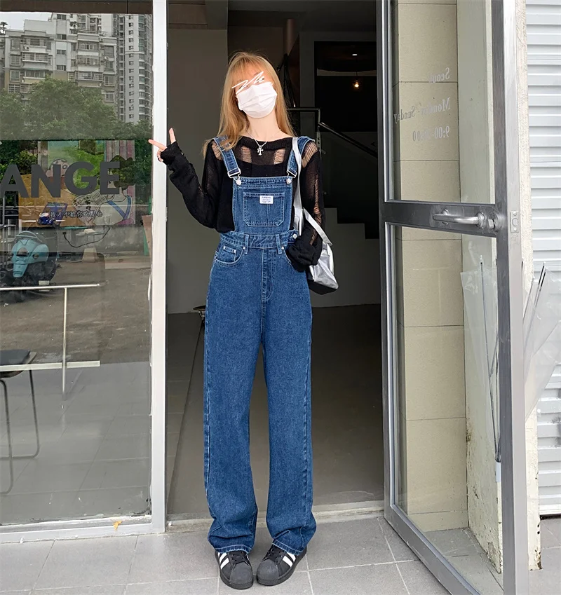 

Dark Blue Denim Suspender Pants 2024 New Spring Women's Letter Pockets Jumpsuit Casual Versatile Straight Leg Wide Leg Jeans