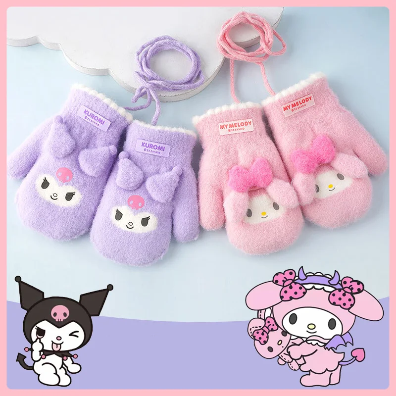 Kawaii Sanrio pluszowe rękawiczki dzieci z kreskówek Kuromi moja melodia aksamitne pogrubienie rękawice odporne na zimno ciepłe prezent