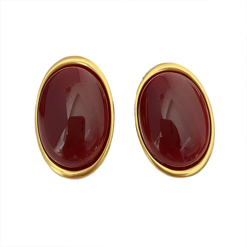 

Korean Elliptical Geometry Glass Wine Red Ear Clip Vintage Palace Minimalist Earrings without Ear Holes Jewelry Gift Accessory