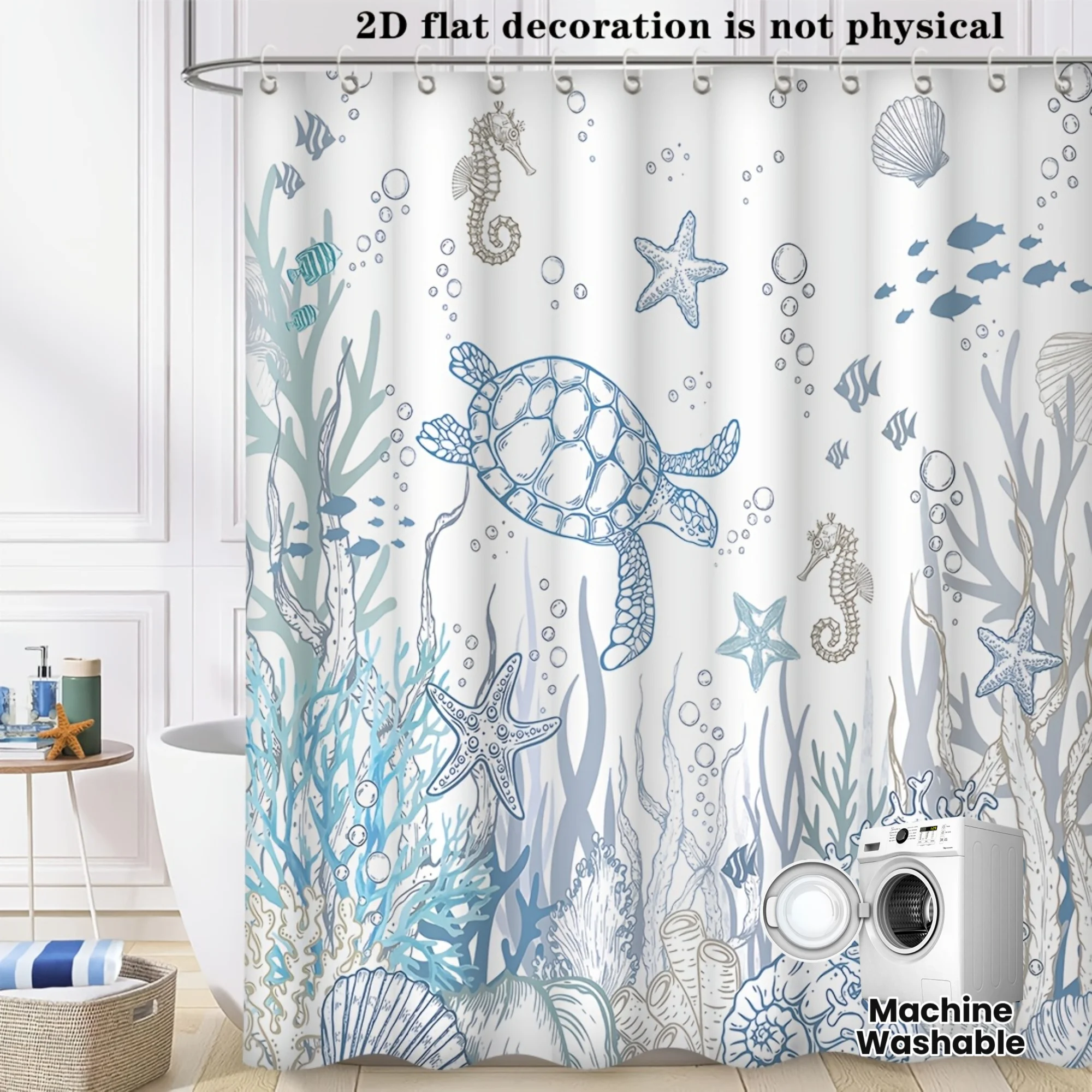 2D Flat, 2D Flat, 2D Flat Banner Featuring an Oceanic Turtle And Coral Reef Shower Curtain - Includes a Blue Sea Turtle And Star