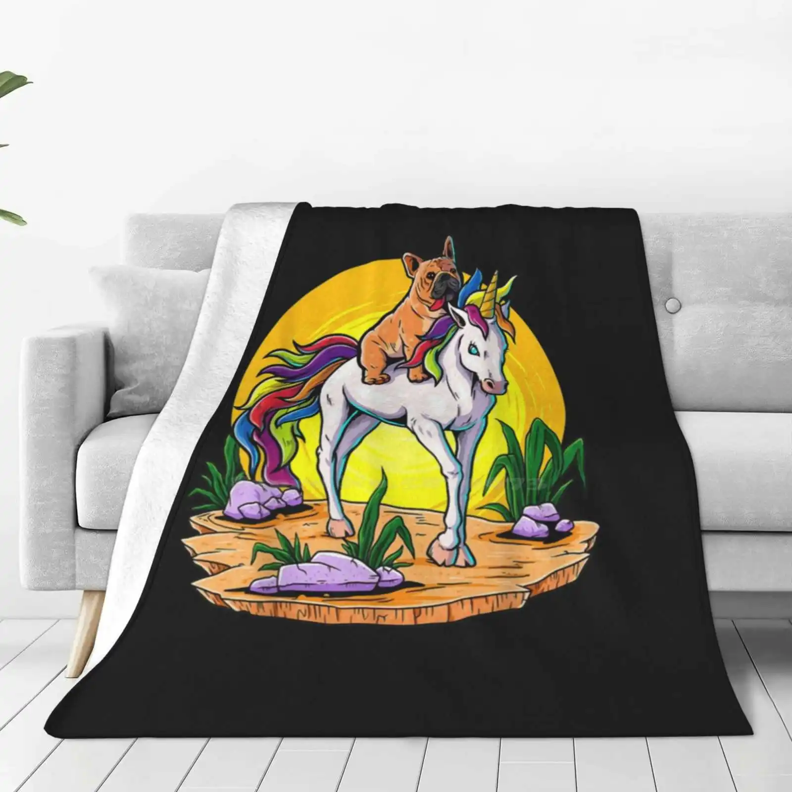 French Bulldog Riding Unicorn Kids Girls Sunset Frenchie Dog Air Conditioning Soft Blanket French Bulldog Riding Unicorn Kids