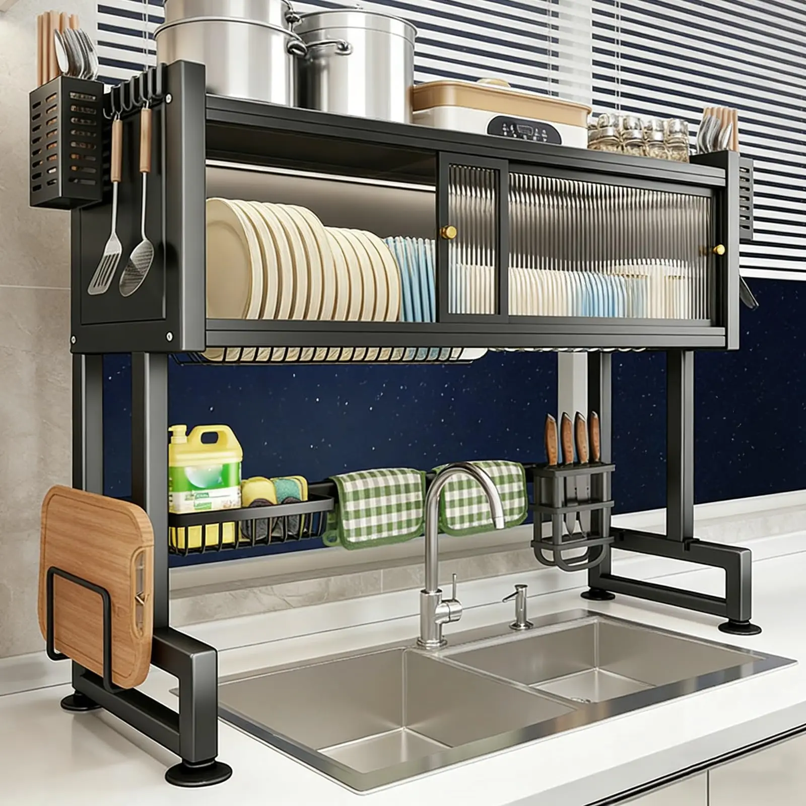 Over The Sink Dish Drying Rack with Dustproof Cover,Space Saving Counter Organizer with Cutlery Holder,Drying Rack