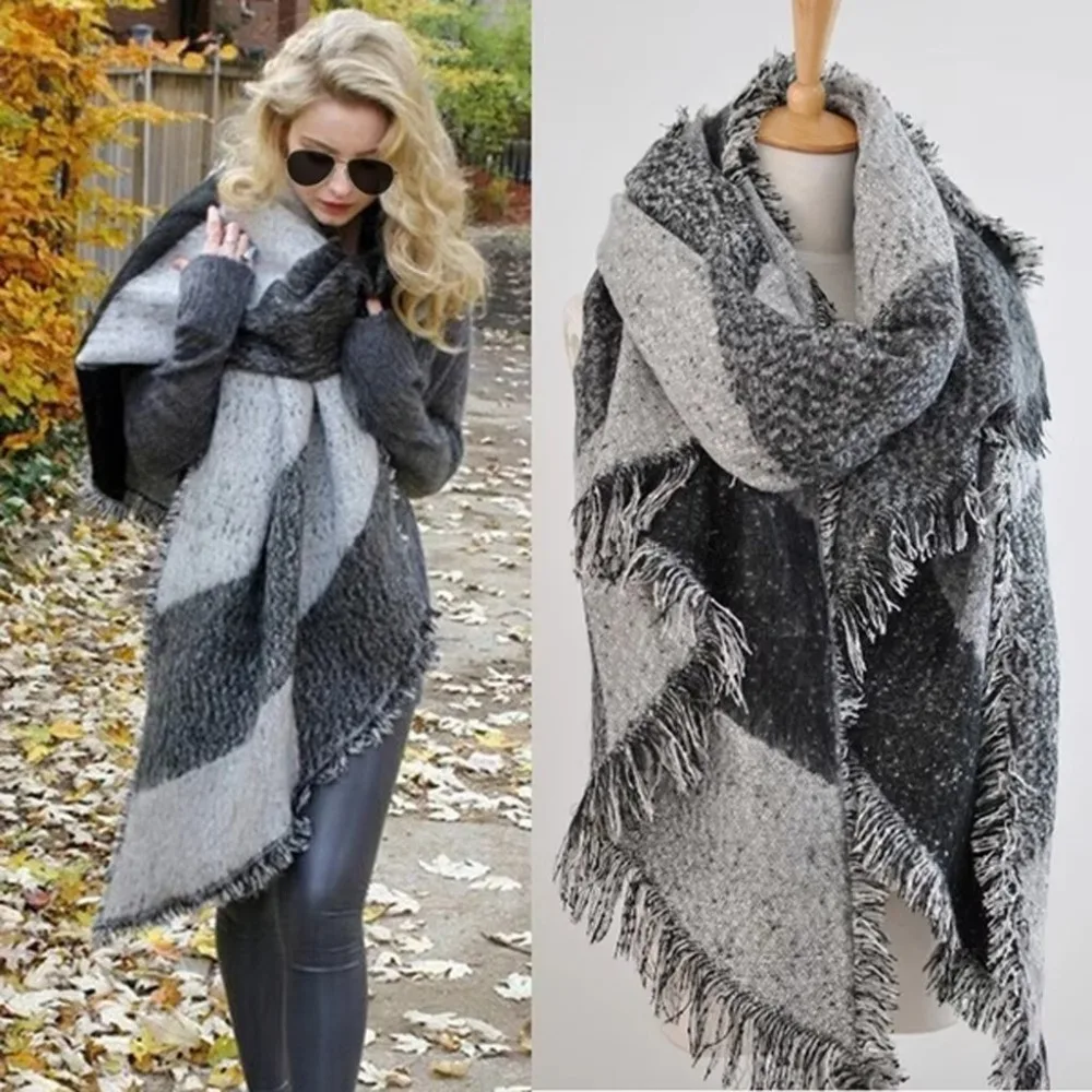 Fashion Contrast Color Shawl Scarf Warm Multi-Purpose Tassel Scarf Thickned Womens Cape Winter