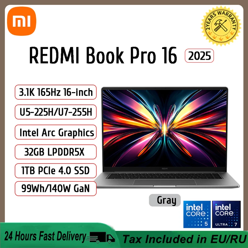 【2025 جديد】كمبيوتر محمول Xiaomi REDMI Book Pro 16 2025 Ultra5-225H Ultra7-255H/32GB/1TB/3.1K/165 هرتز رمادي