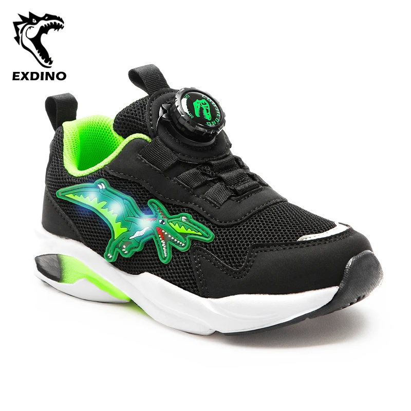 

EXDINO Children's Dinosaur Shoes for Boys Mesh Training Little Kids LED Light Up Pterosaur Flashing Sneakers New Spin Closure