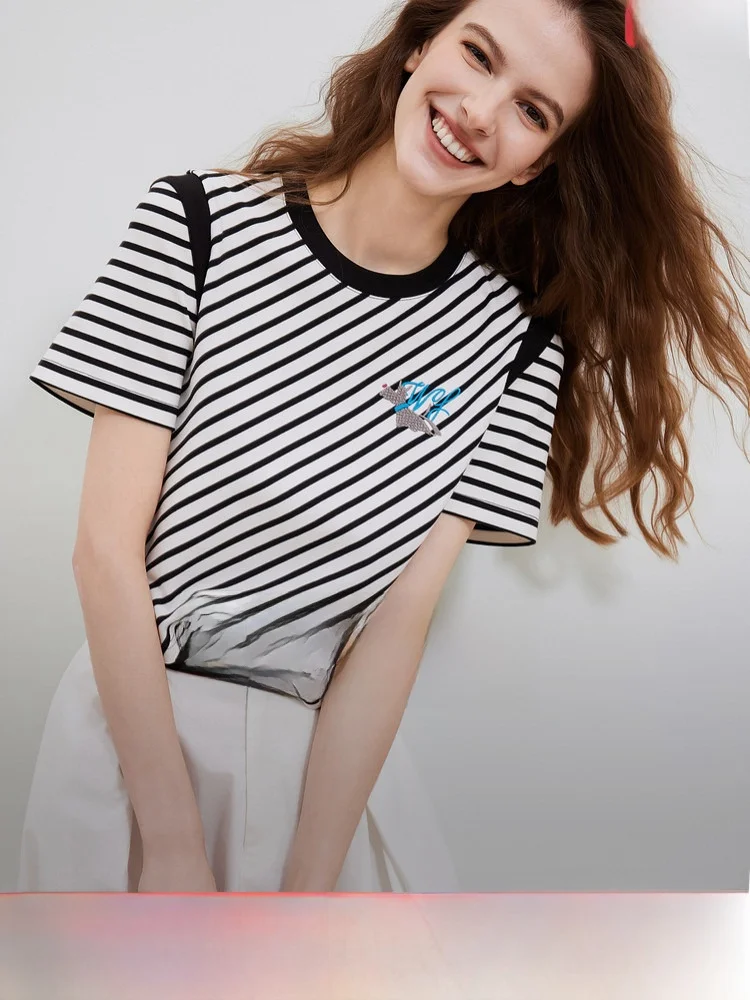 

Elle Modern Striped Design Short Sleeve Women's T-shirt Summer New Elegant Color Block Casual Short Top Commute Style round Neck