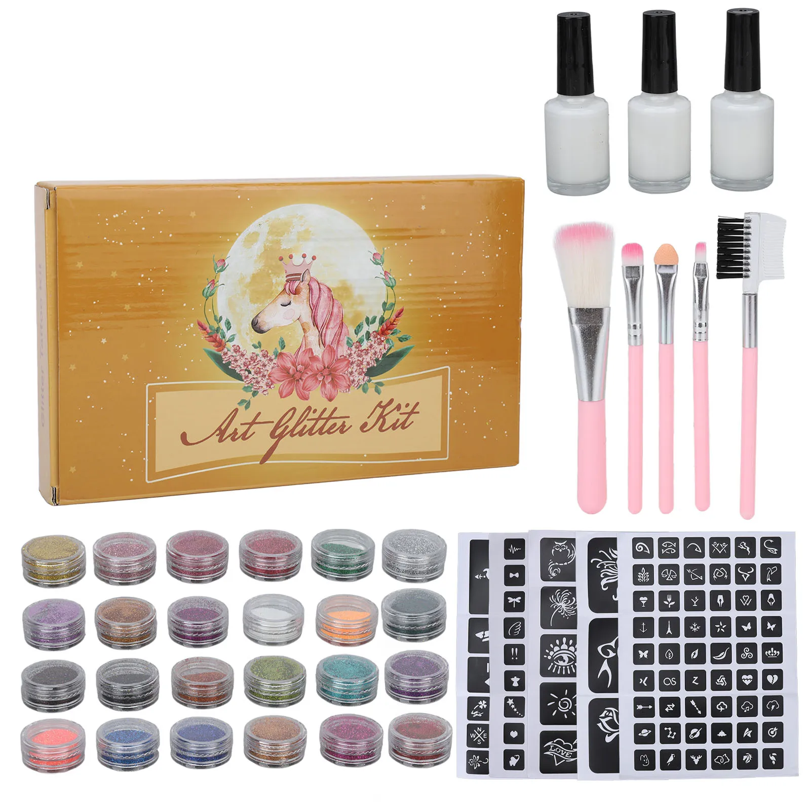 Temporary Tattoo Glitter Kit 24 Colors Face Body Glitter Powder Tattoo Stencil Brush Set for Party Temporary Tattoo Glitter Kit