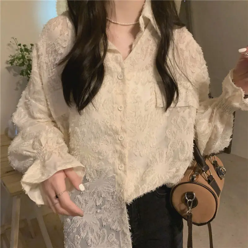 Korean Polo Neck Puff Sleeve Loose Casual Shirt Summer Loose Thin Long Sleeve Protection Shirt Fashion Elegant Women Clothing