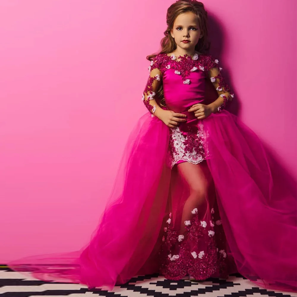 Rosa Beading Sereia Meninas Pageant Vestidos, trem destacável, 3D Kids Birthday Party Gown, See-through Vestido, Vestido de Comunhão Infantil, Hot