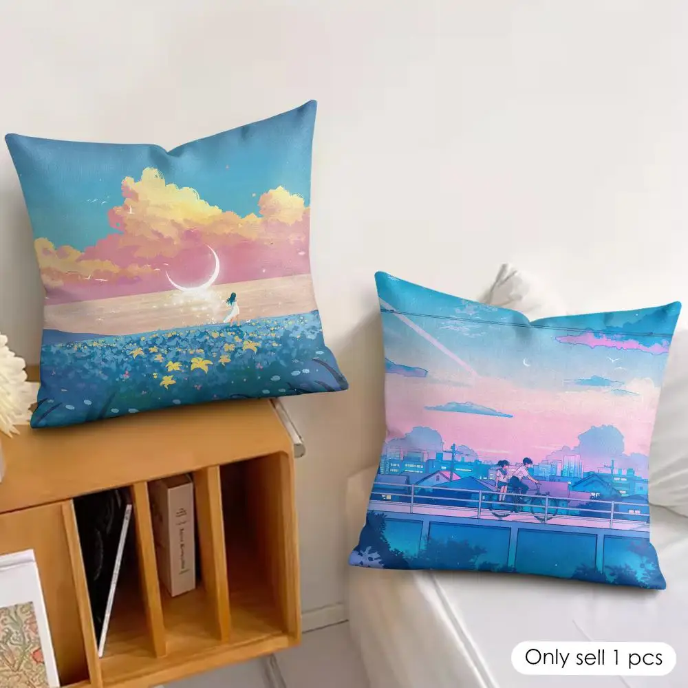 Anime Scenery Design Cushion Cover Silky Short Plush Invisible Zipper Dustproof Sofa Pillow Case for Home Decor