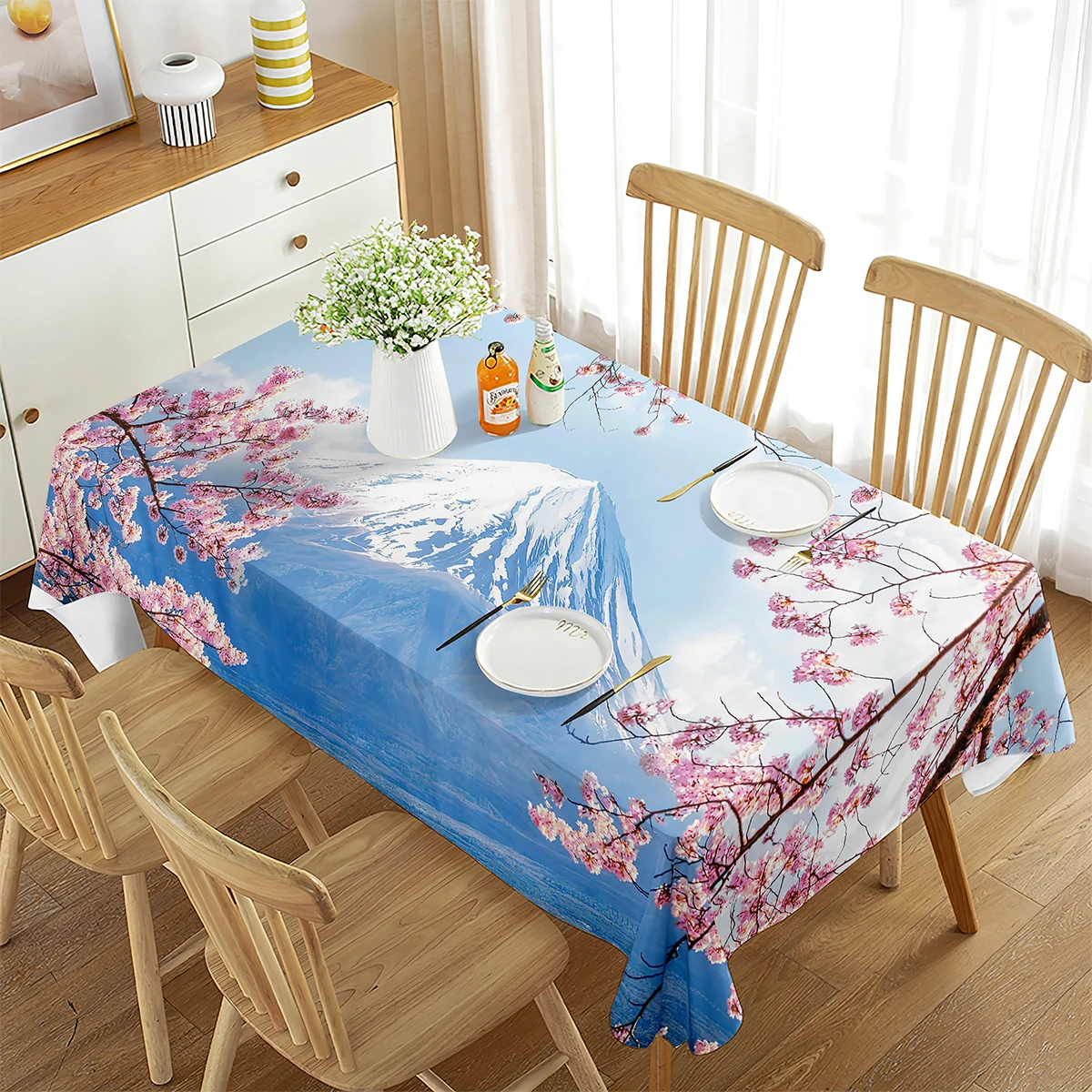 Tablecloth Pink Cherry Blossoms Japan Mount Fuji Snow Mountain Decor Rectangular Tablecloth Kitchen Dining Room Beautiful Decor