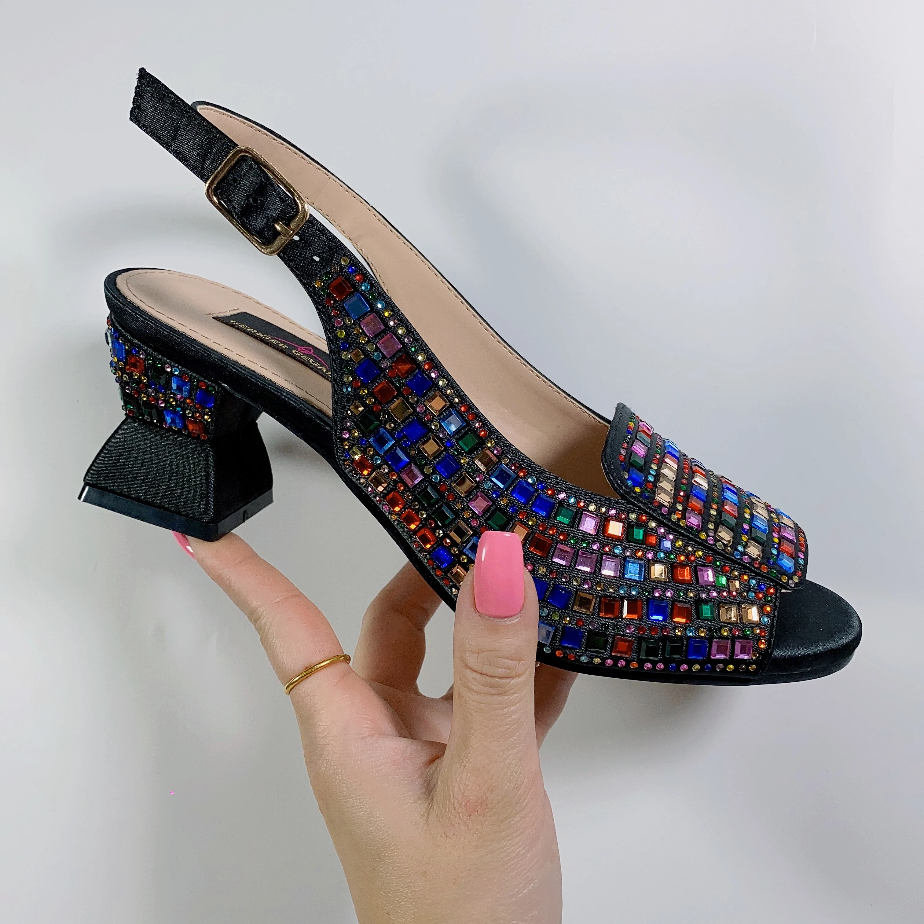 Chunky Mules Heels for Women Summer Shoes 3CM Platform Sqaure Heeled Sandals Bling Bling Rhinestone Ladies Mules Sandals Woman