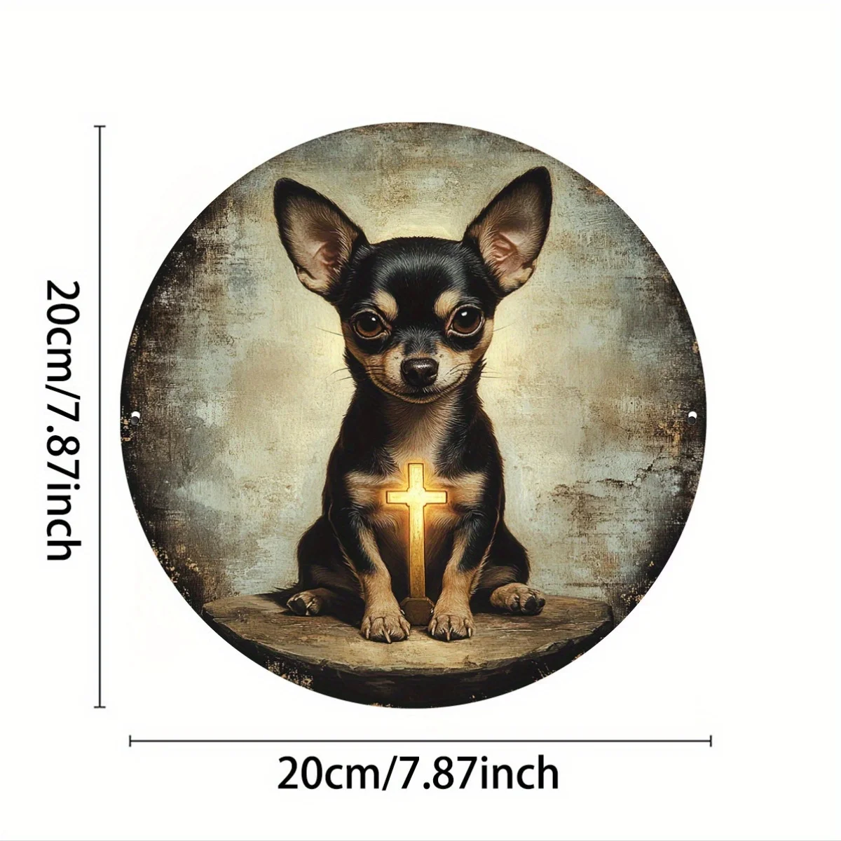 1pc, Chihuahua Pray Aluminum Metal Round Pewter Sign Vintage (8X8 Inch) Wreath Centerpiece, Hanging Decorations, Whimsical Decor
