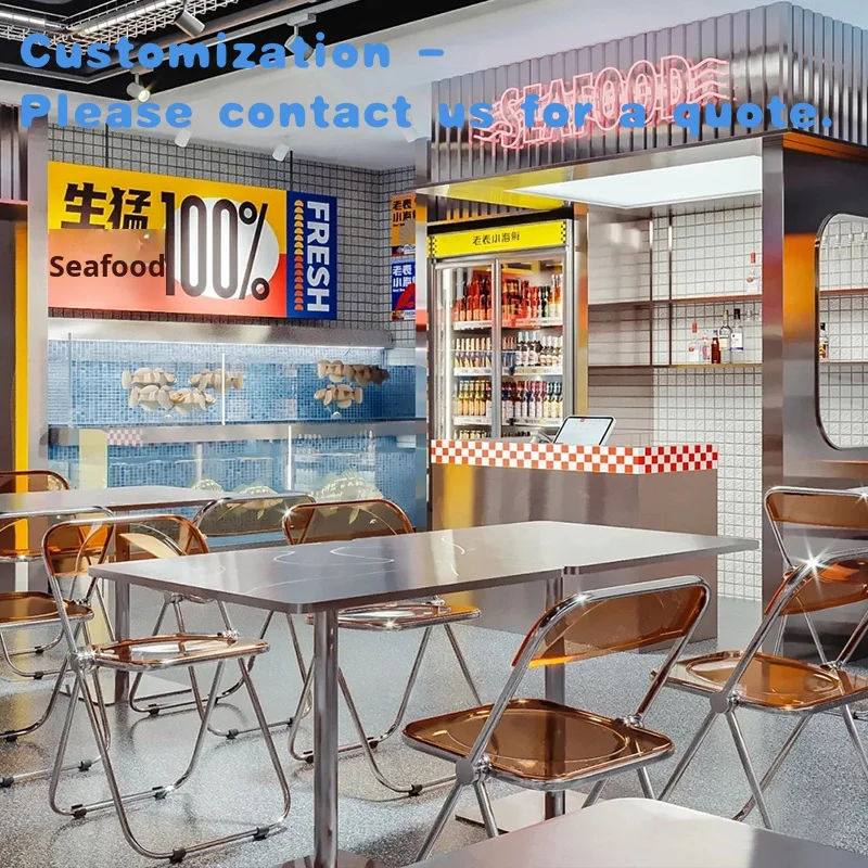 

на заказ. Современные коммерческие металлические ресторанные столы и стулья. Набор обеденных столов с мясом на гриле и жареной курицей.