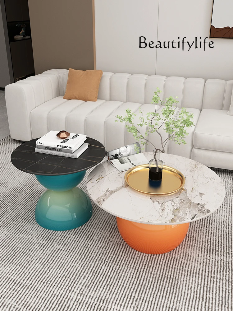 Coffee Table Living Room New Minimalist Creative Tea Table Combination Cream Style Stone Plate round Tea Table Minimalist