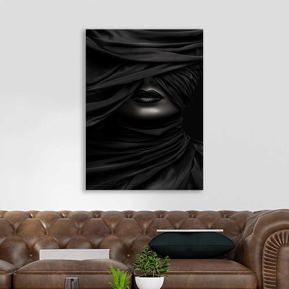 غامض الحجاب الأسود صورة قماش اللوحة مجردة امرأة الوجه الفن يطبع الظلام بريق جدار ديكور مودي أحادية اللون ملصق