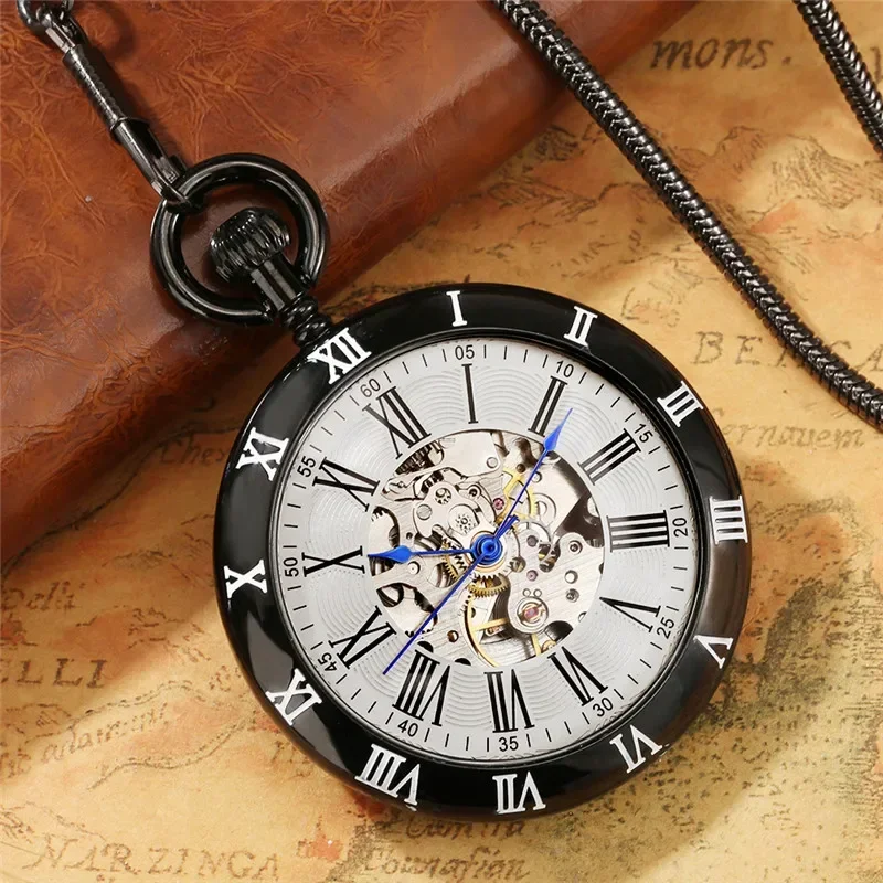 Luxury Open Face Pocket Watch Men Skeleton Automatic Mechanical Watches Roman Number Display Clock with Fob Pendant Chain Gift