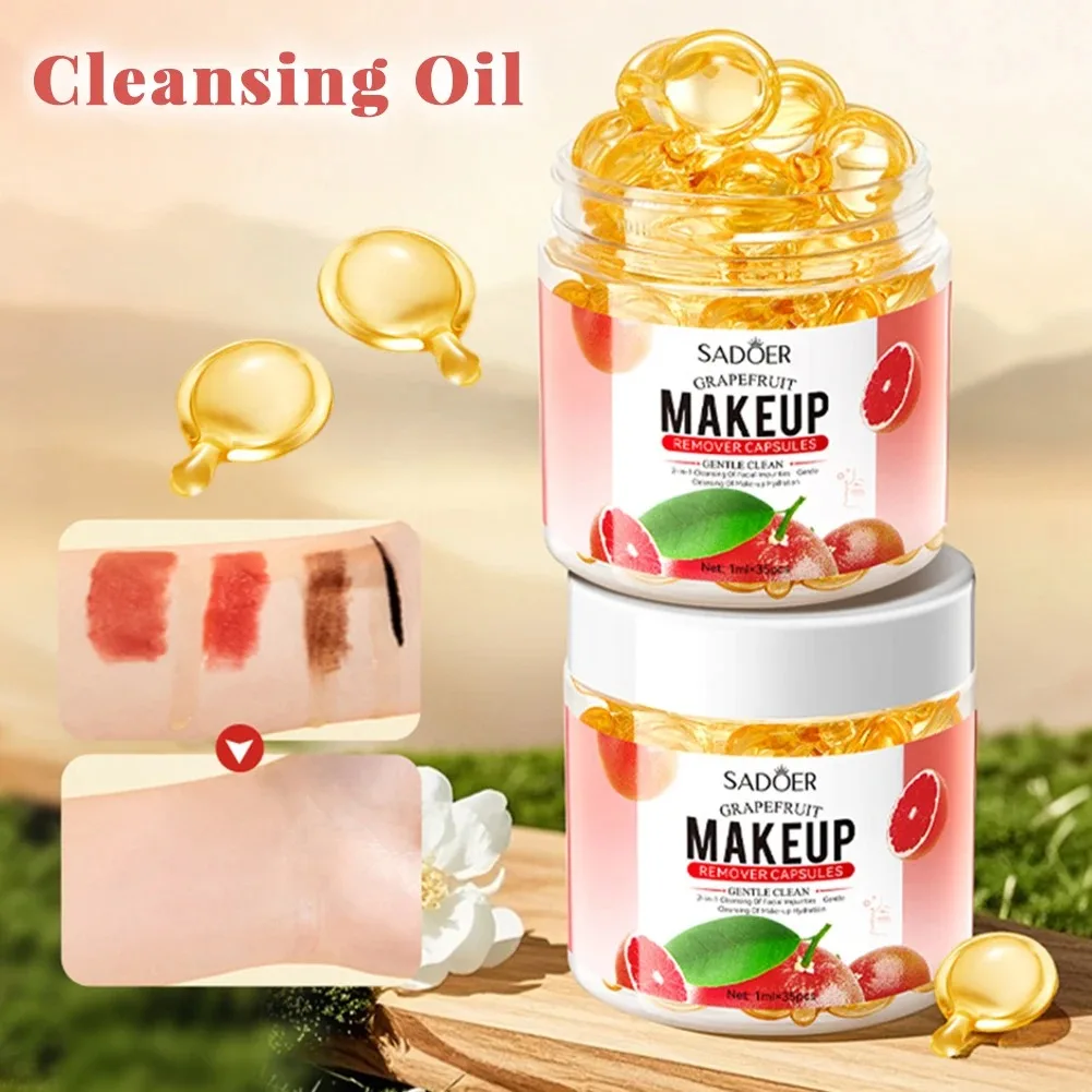Sadoer Grapefruit Makeup Remover Capsules, Cleanses and Dissolves Makeup, 1ml*35 Capsules, Portable Makeup Remover Oil