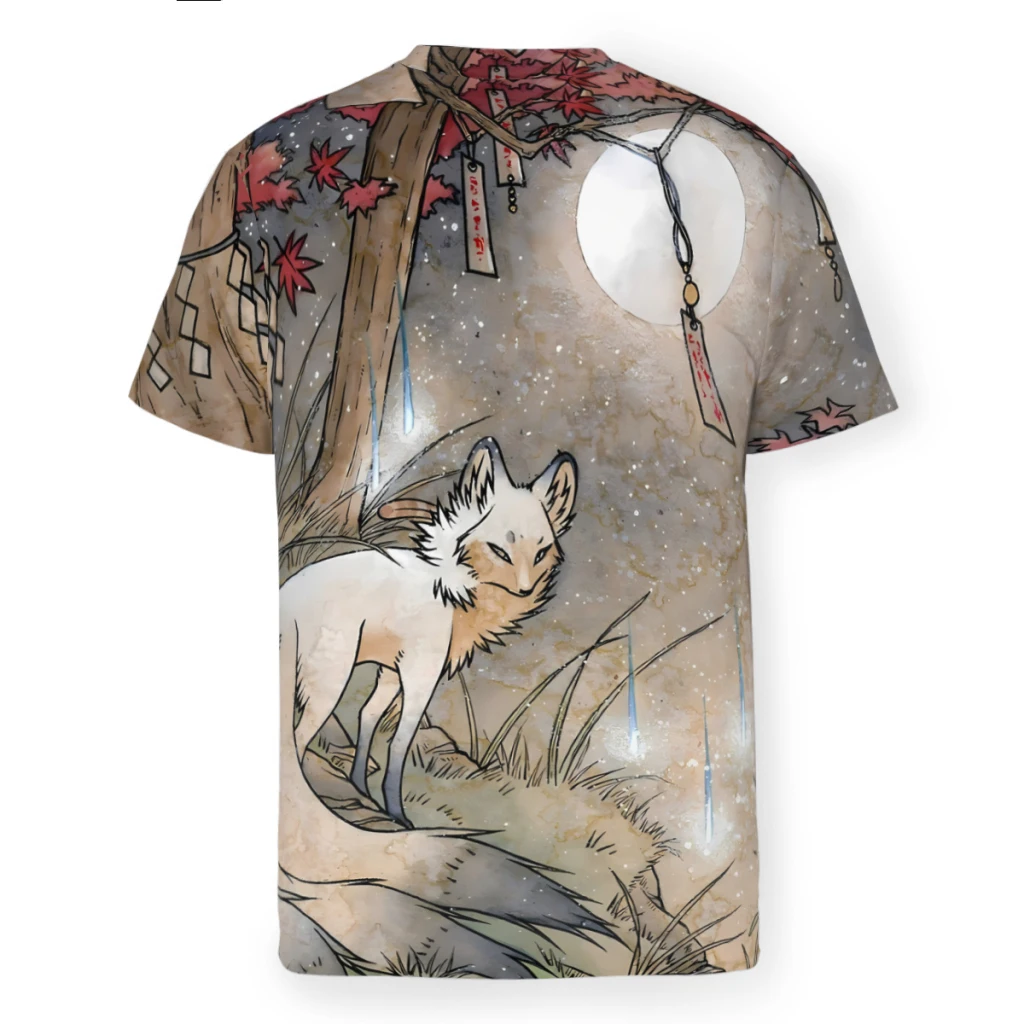 TeaKitsune Polyester TShirts Japanese  Fox Men Harajuku Streetwear Thin T Shirt O Neck