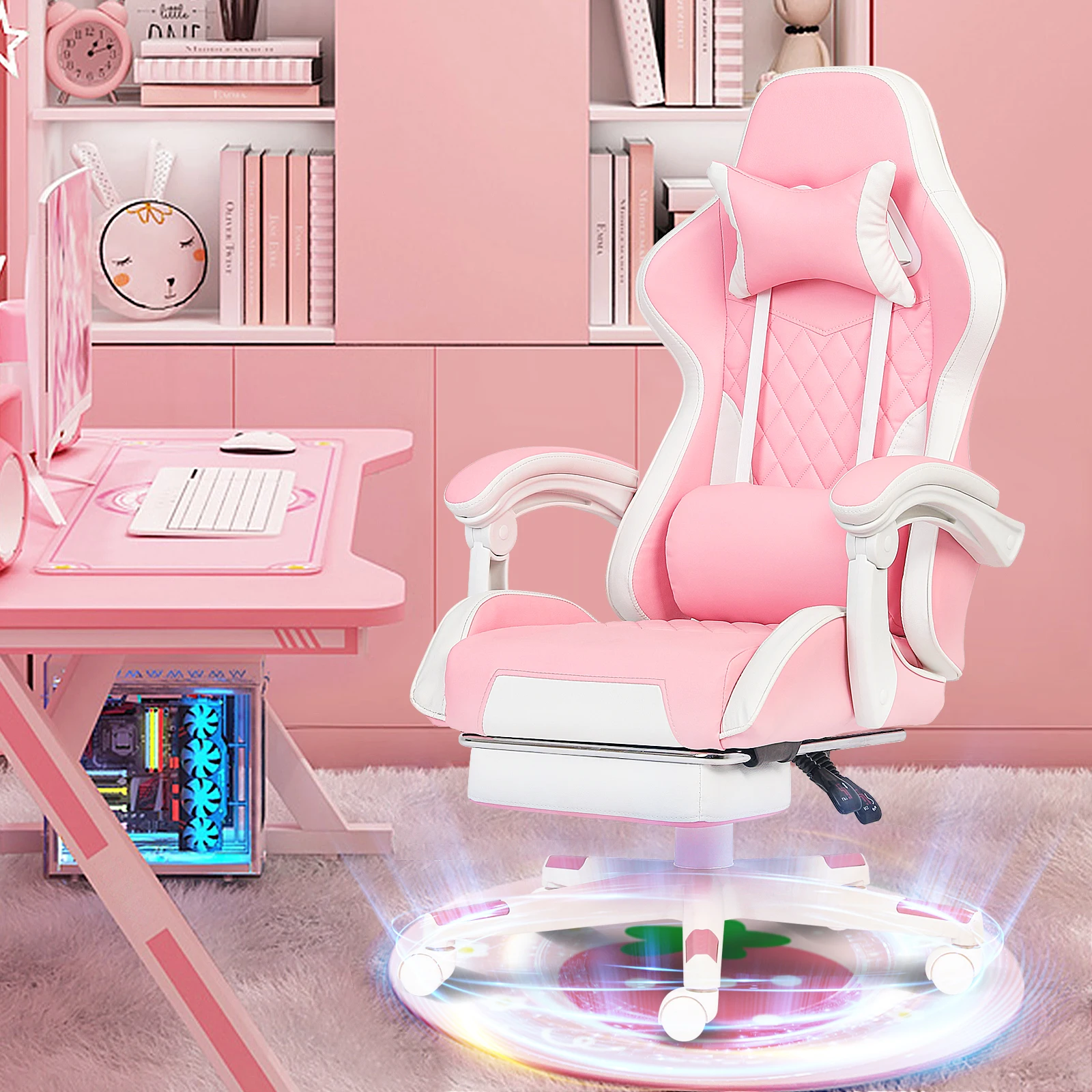 Pink Gaming Chair, Ergonomic Swivel Task Chair with Breathable Fabric, Pocket Spring Cushion, Lumbar Support, Footrest