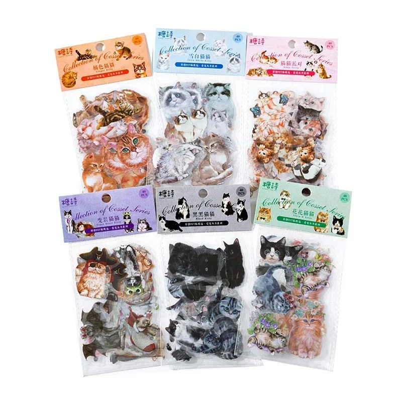 40 Pcs Kawaii Cartoon Cat Scrapbooking Sticker Pack PET Cute forniture materiale adesivo decorativo per Journal Scrapbook Planner