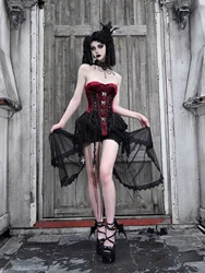 Blood Supply Original Women Goth Red Fishbone Strap Birdcage Corset Set Fairy Asymmetric Lace Skirt Set Grunge Summer Clothes