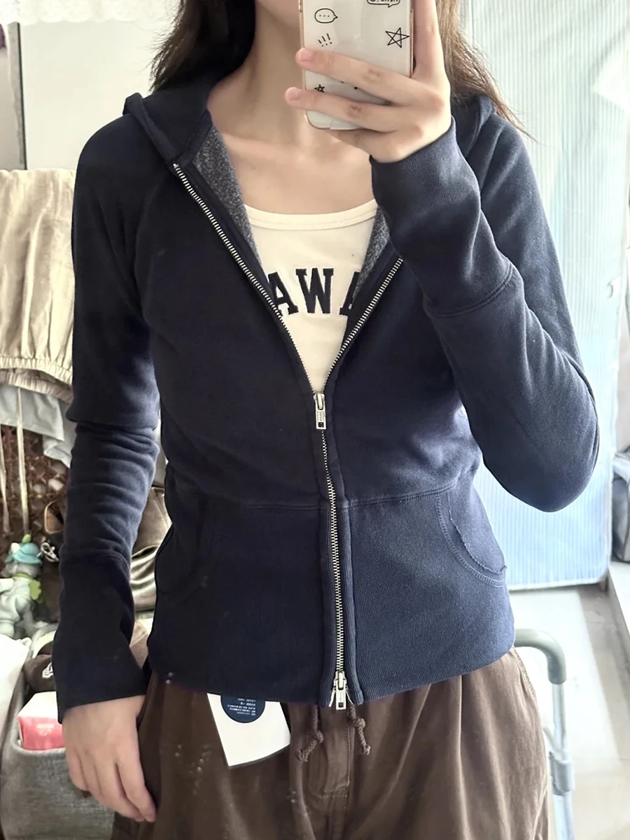 Navy Ribbed Zipper Hoodie Women Autumn New Long Sleeve Pocket Cotton Hooded Sweatshirts Preppy Style Solid Slim Jacket Y2k Tops