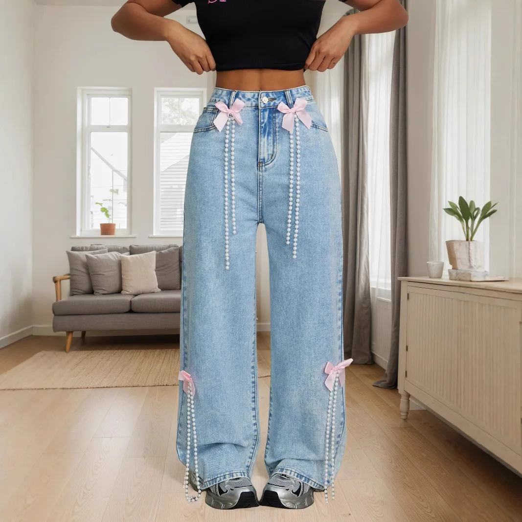 

Джинсовые широкие брюки Женские джинсы Прямые брюки с высокой талией и карманами длиной до пола Уличная одежда Широкие джинсы с украшением бантом Джинсы
