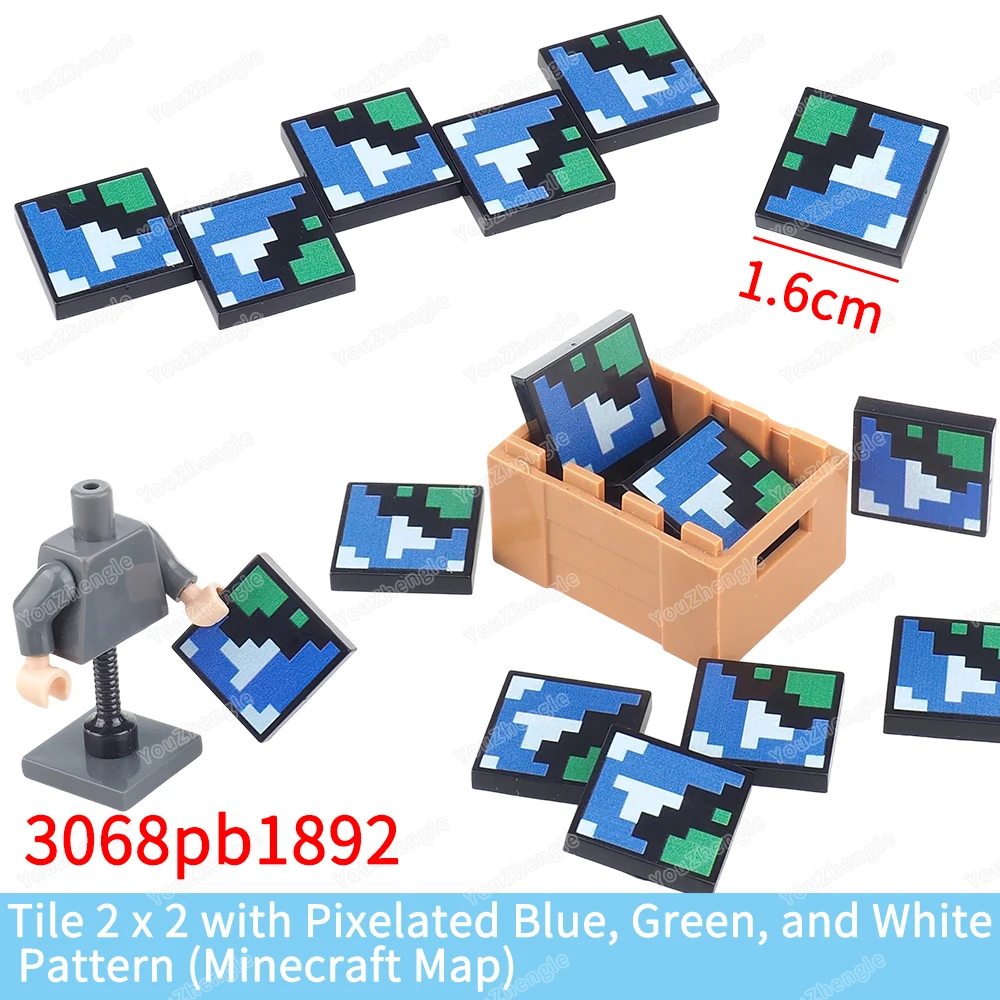 픽셀화된 청록색-흰색 인쇄 패턴 빌딩 블록 2x2 타일 3068 부품 MOC 피규어 블록 세계 지도 장면 모델 선물 장난감