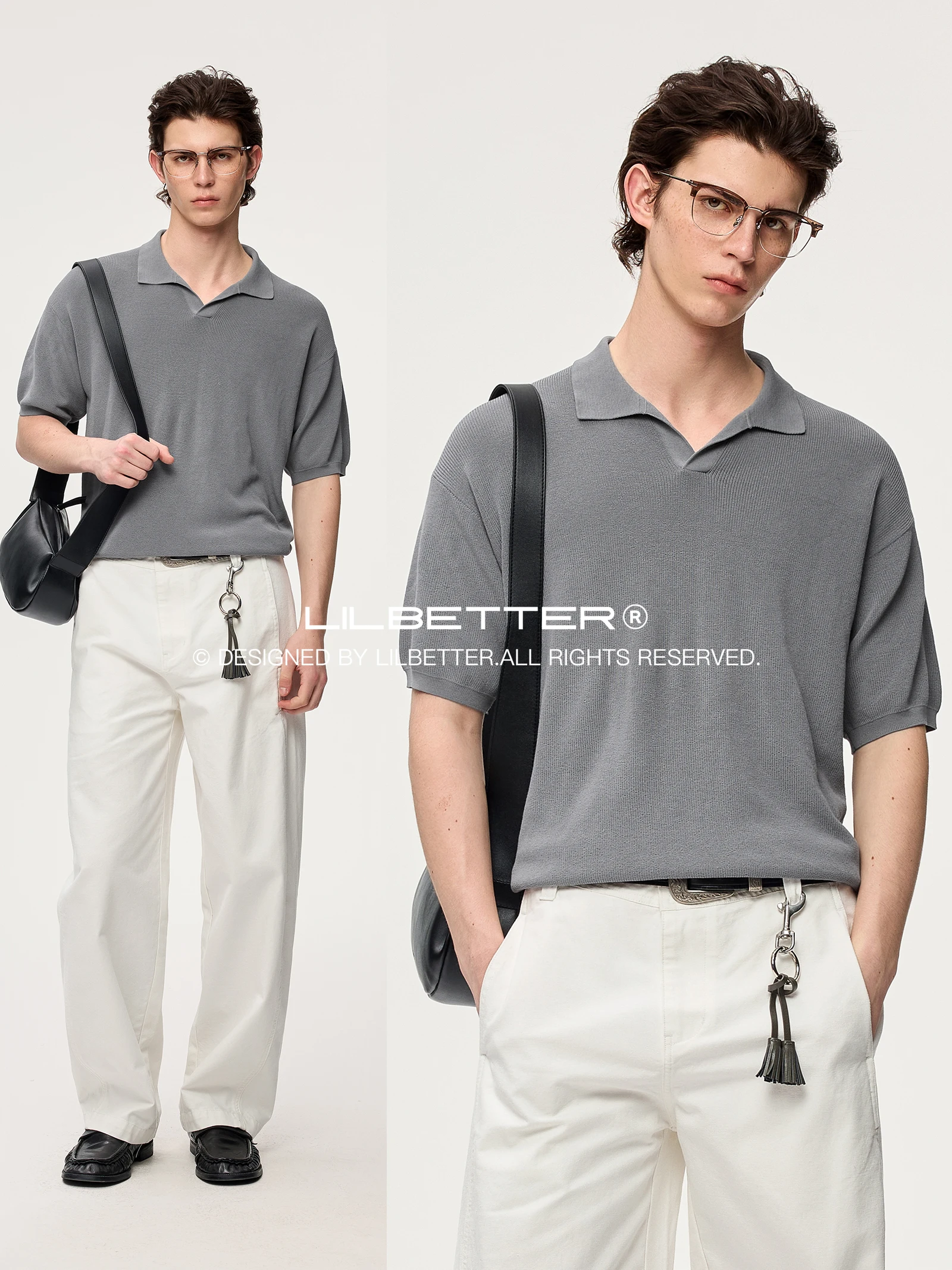 Lilbetter Knitted Loose Fit  Shirt V-Neck Short Sleeve Breathable Summer Fashion Casual Male T-Shirt Grey Lazy Style