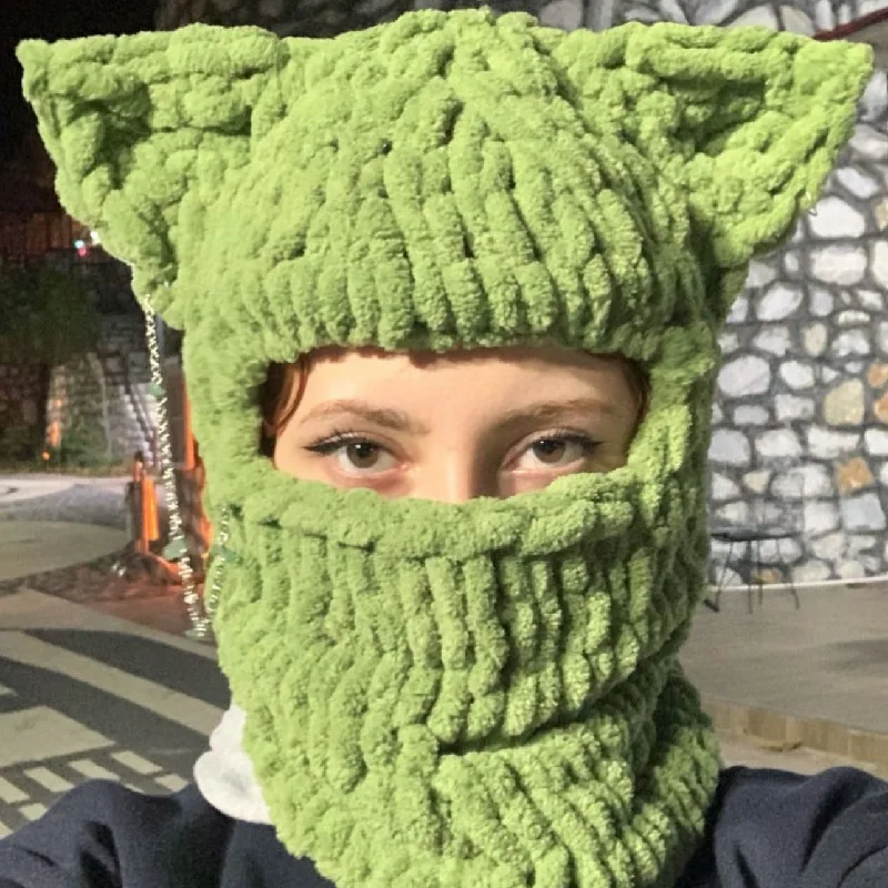 Girls Sweet Cat Ear Creative Knit Hat Balaclava Warm Cup Windproof Outdoor Sports Full Face Mask Ski Mask