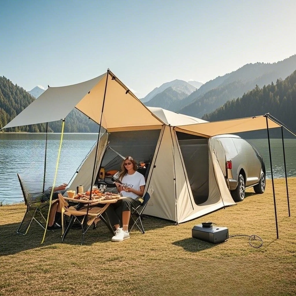 rear family tent, 4-person rear extension tent, 4-person rear air-conditioned tent with foyer mesh yarn on three sides