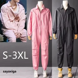 Men's Jumpsuit Lapel Long Sleeve Multi-pocket Ankle Length Beam Feet Overalls Fashion Black Pink Freight Trousers Cargo Pants3xl