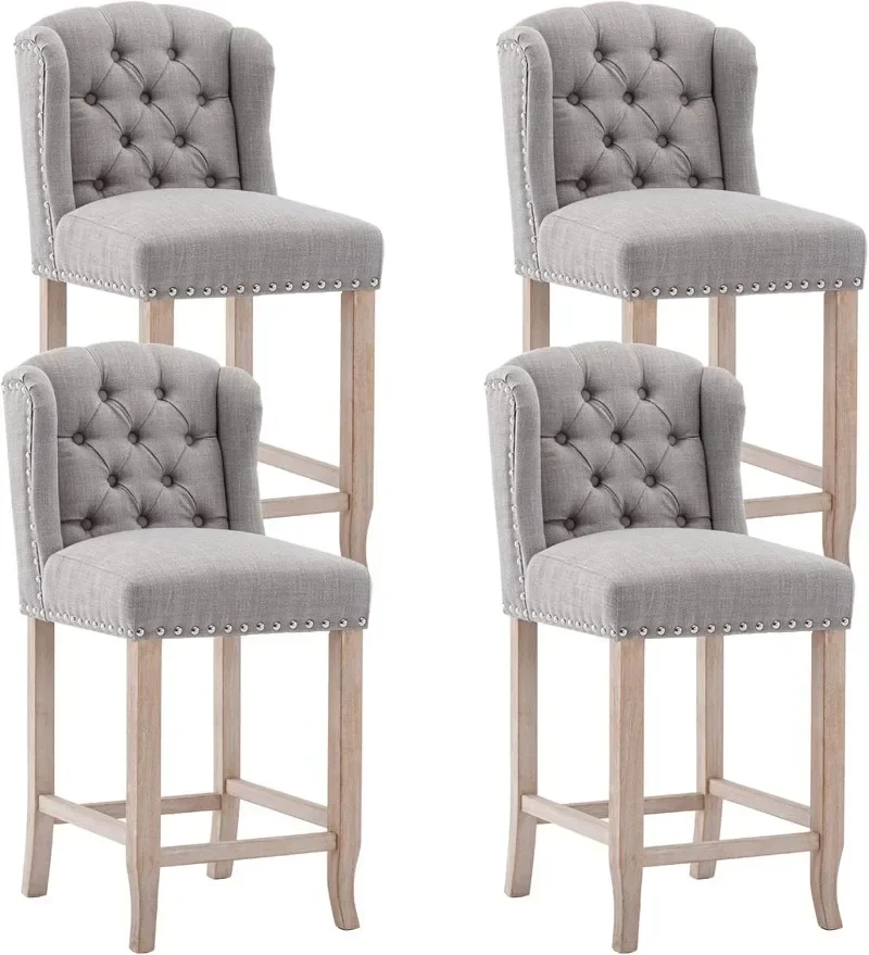 

Tufted 26 Inch Counter Height Bar Stools Set of 4 Linen Fabric Counter Chairs with Back Barstools Breakfast Stools Wood Legs