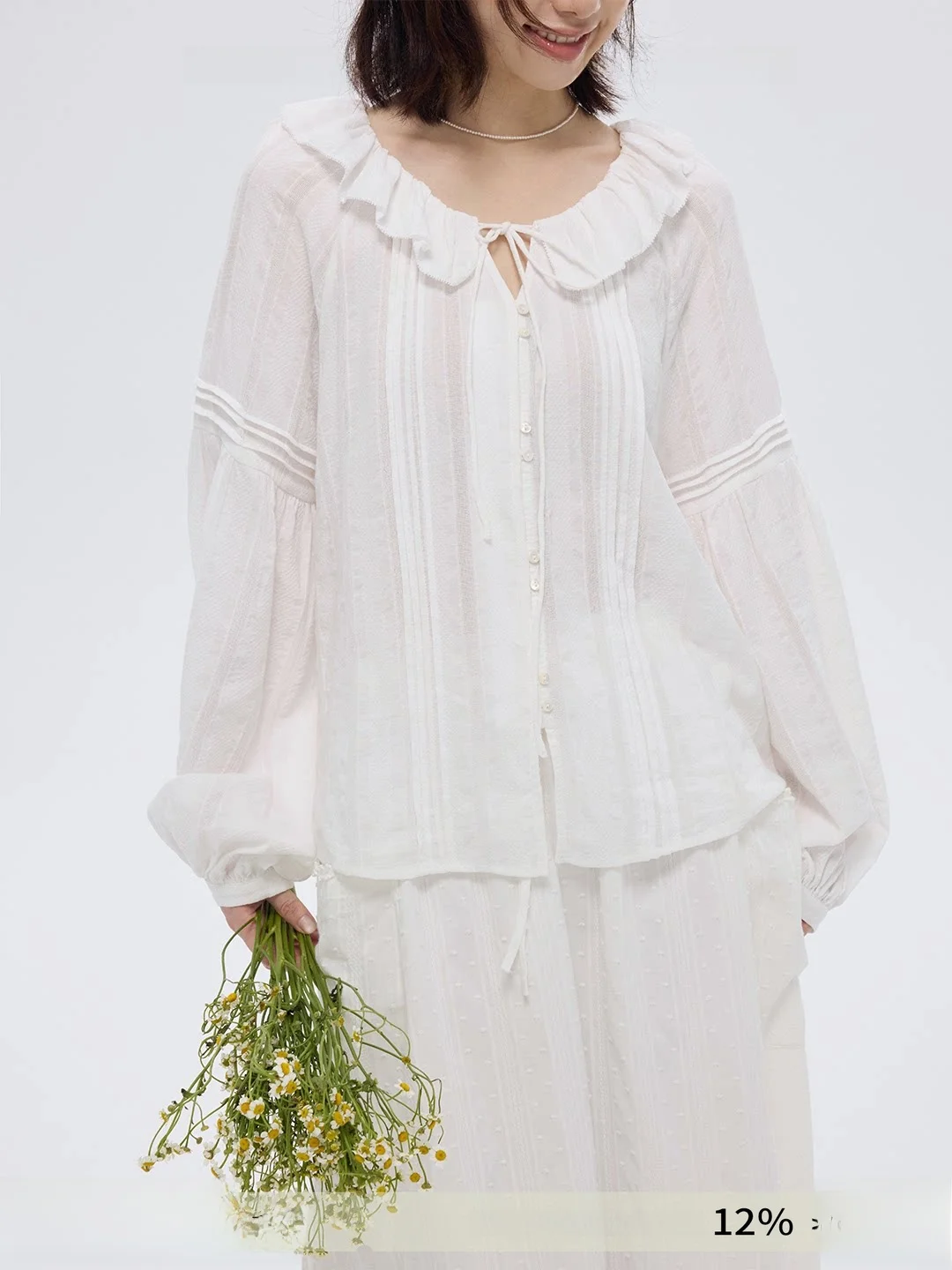 

Ретро-блузка GOOZA из дышащего чистого хлопка с кружевным воротником и рукавами-фонариками, легкая, на пуговицах