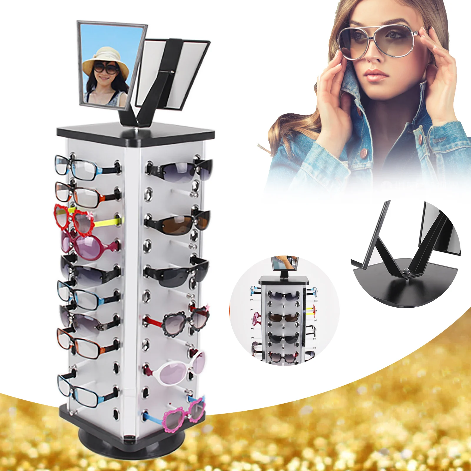 

Bymaocar Glasses Rack Holder Sunglasses Square Display Stand Storage Organizer 360° Rotating 44 Pairs with 2 Adjustable Mirrors
