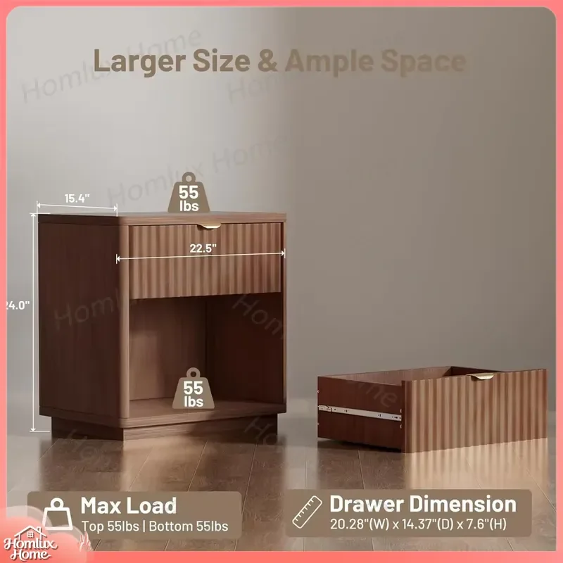 Modern Light Luxury Adjustable Bedside Table with Drawers and Open Shelf Storage Dark Wood Grain Eco Friendly for Bedroom