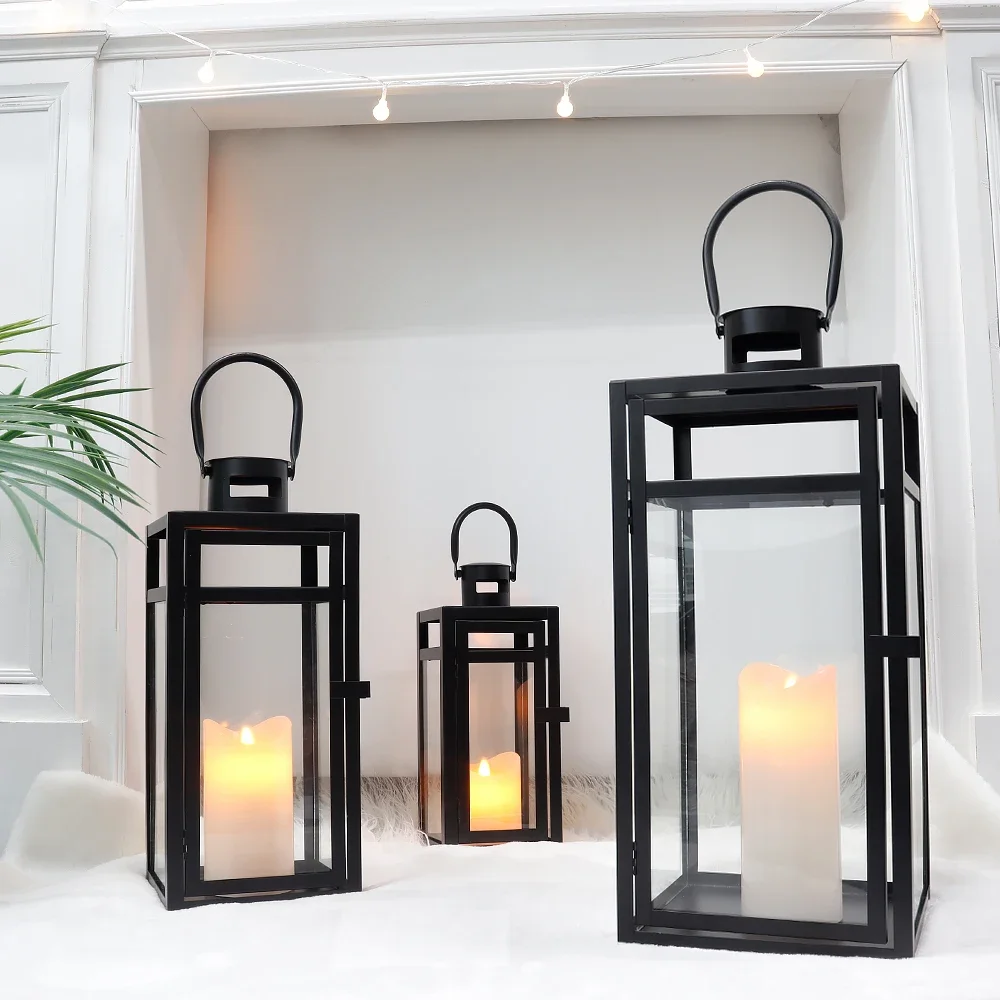 Modern Large Black Lantern Garden Hanging Metal Candle Holder Home Outdoor Decorative Lanterns For Candle