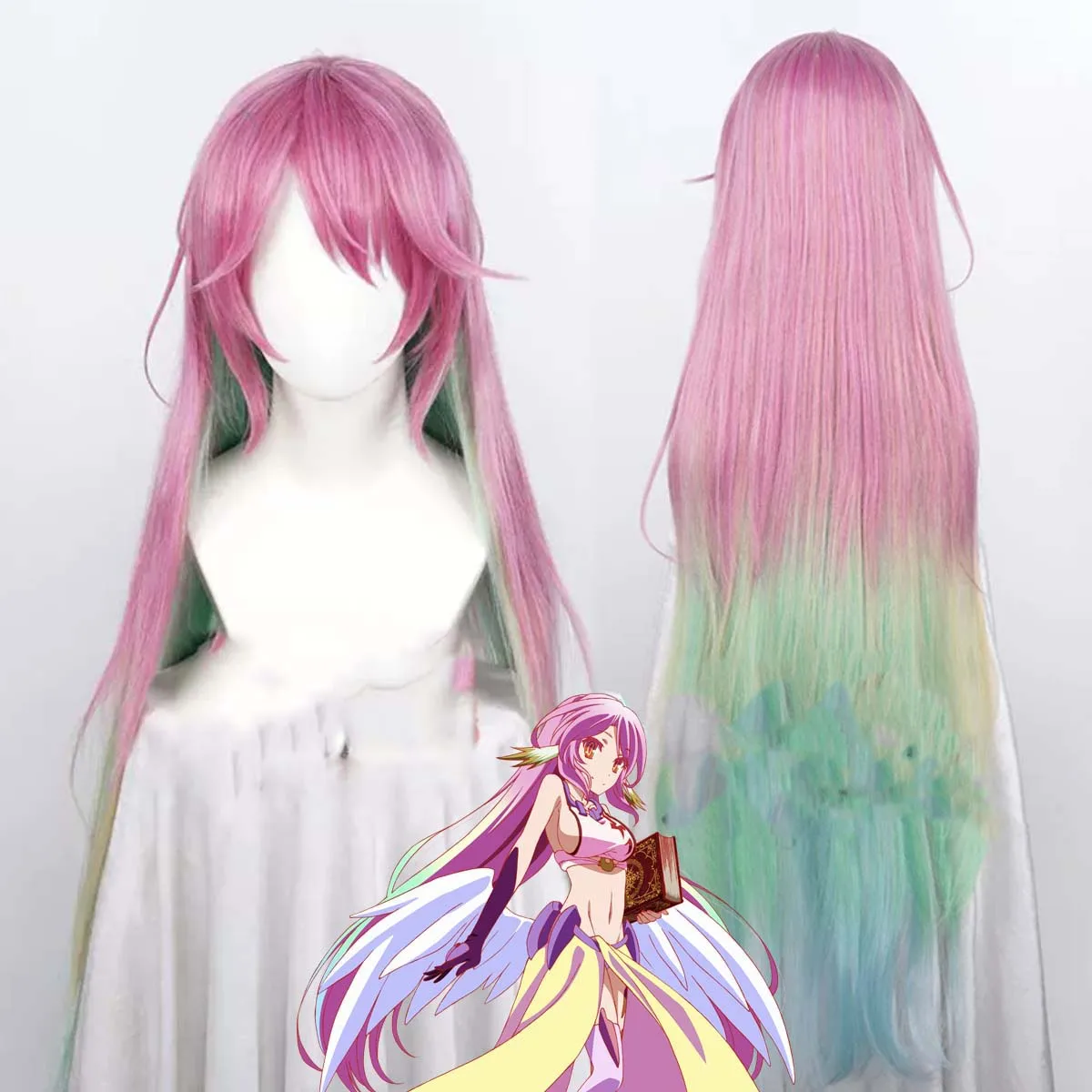 Peluca de pelo sintético resistente al calor para mujer, peluca de pelo sintético larga, rosa, azul, amarilla, Anime NO GAME NO LIFE Jibril Cosplay