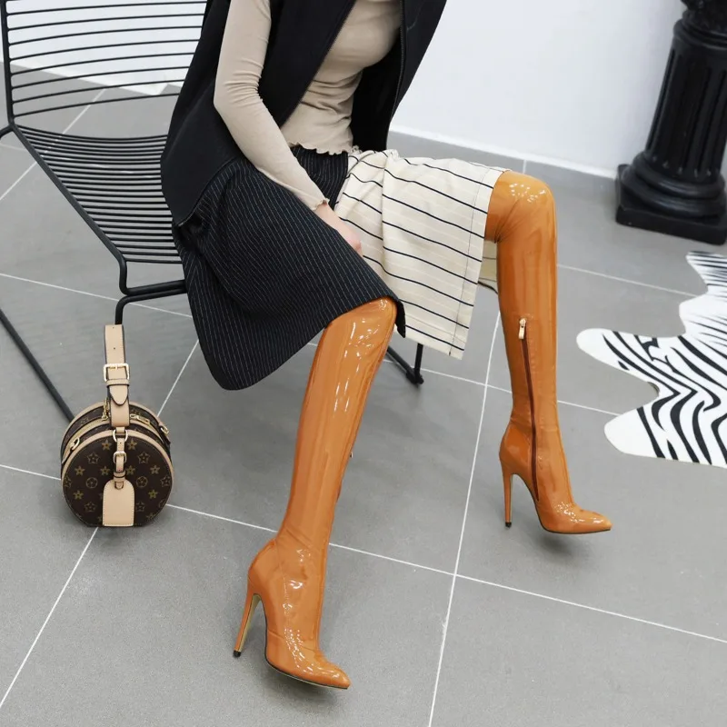 

Woman Over The Knee Boots Shiny Patent Leather Sexy High Heels Jazz Dance Boots Pointed Toe Thin Heels 7.5CM Side Zipper Fashion