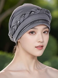 Color Block Braid Muslim Hijab Caps Women Wrap Head Ramadan Soft Elastic Ladies Fashion Turban Bonnet