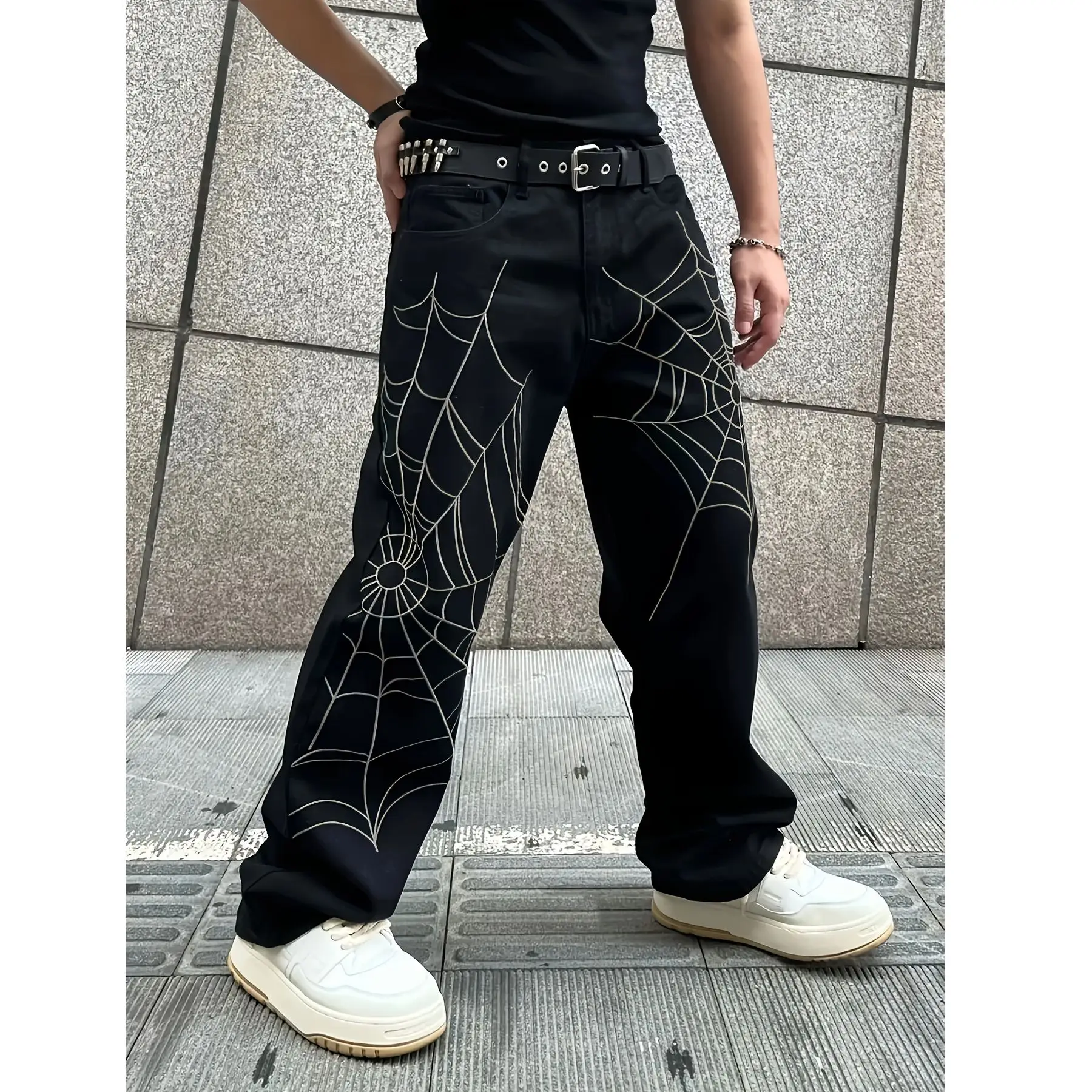 جينز فضفاض للرجال بتصميم شبكة العنكبوت القوطية، جينز مع جيوب ملابس العمل، التزلج، ملابس العمل السوداء في الشارع، كبير الحجم #1