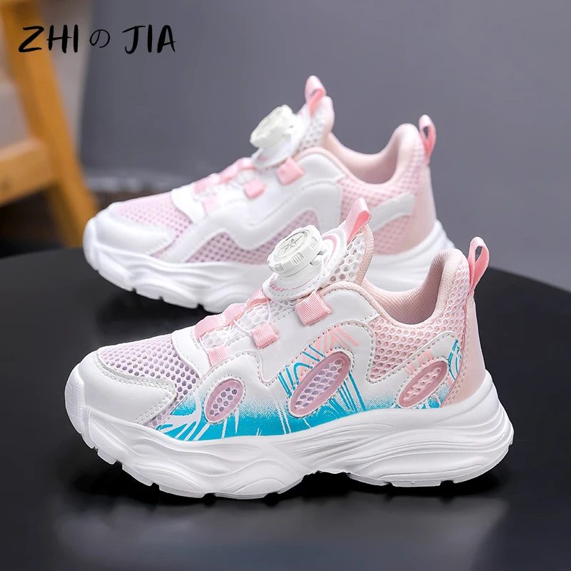 Girls Summer Campus Leisure Breathable Sports Shoes Children New Mesh Sneaker Rotating Buckle Outdoor Lightweight Running Shoes