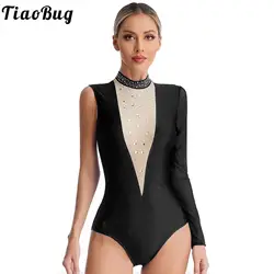 Women Ballet Leotards Sparkly Rhinestones Dance Bodysuit Open Back Gymnastics Leotard One Shoulder Sleeve Figure Skating Costume