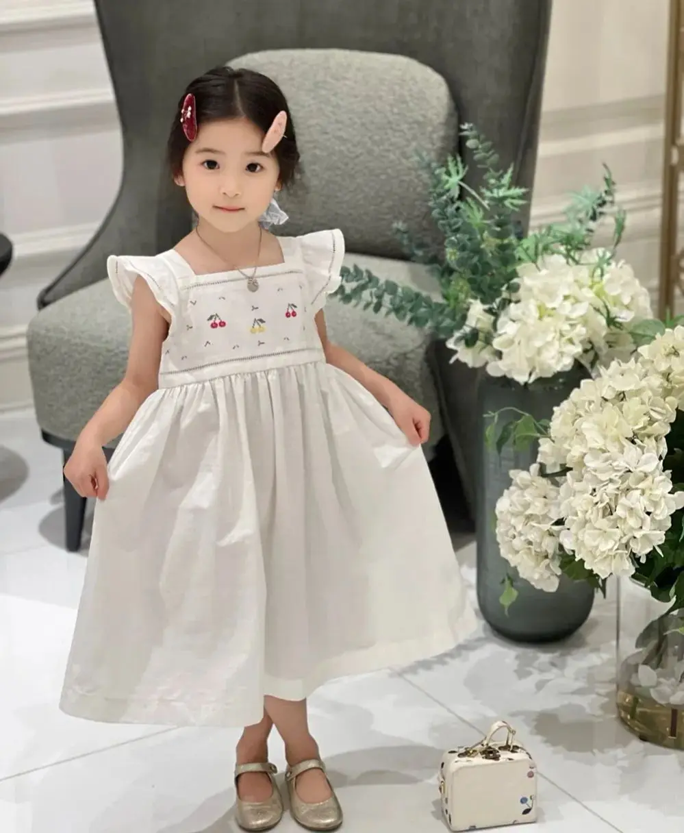 summer baby girls clothes kids dresses cherry pattern embroidery Sweet white girl's dress