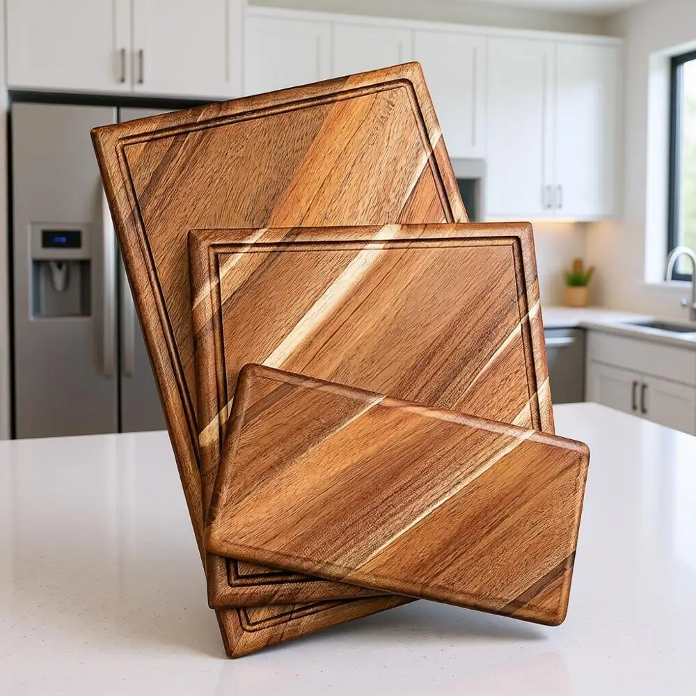 

3-Piece Acacia Wood Cutting Board Set for Kitchen: Chopping, Meat, and Cheese Boards